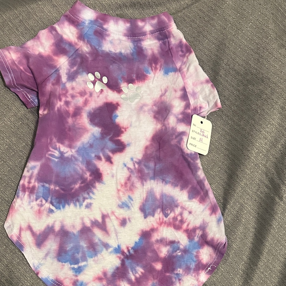 New Vibrant Purple Tie-Dye Pet Tee with Paw Design Size Medium Dog, Cat, Monkey